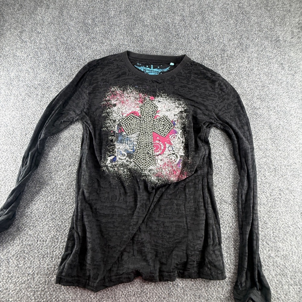 Rock & Roll Cowgirl Black Rhinestone Cross Long Sleeve Burnout Top Size XL